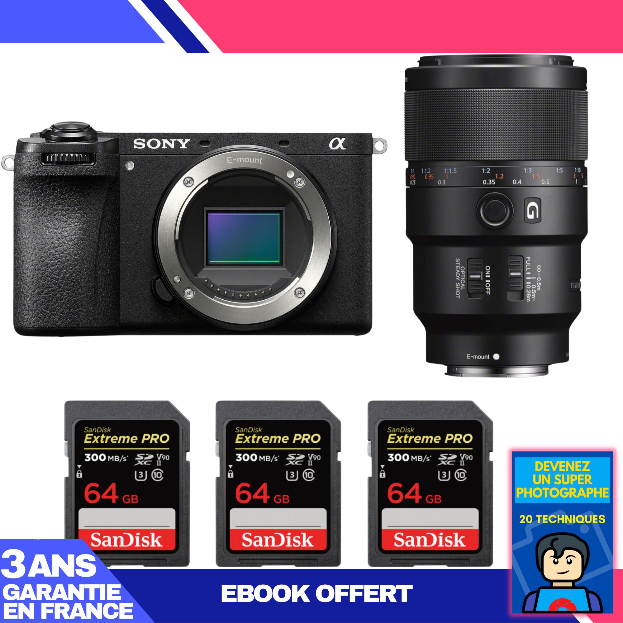 Sony A6700 Mirrorless Camera + FE 90mm f/2.8 Macro G OSS Lens + 3x SanDisk 64GB Extreme PRO UHS-II SDXC Cards