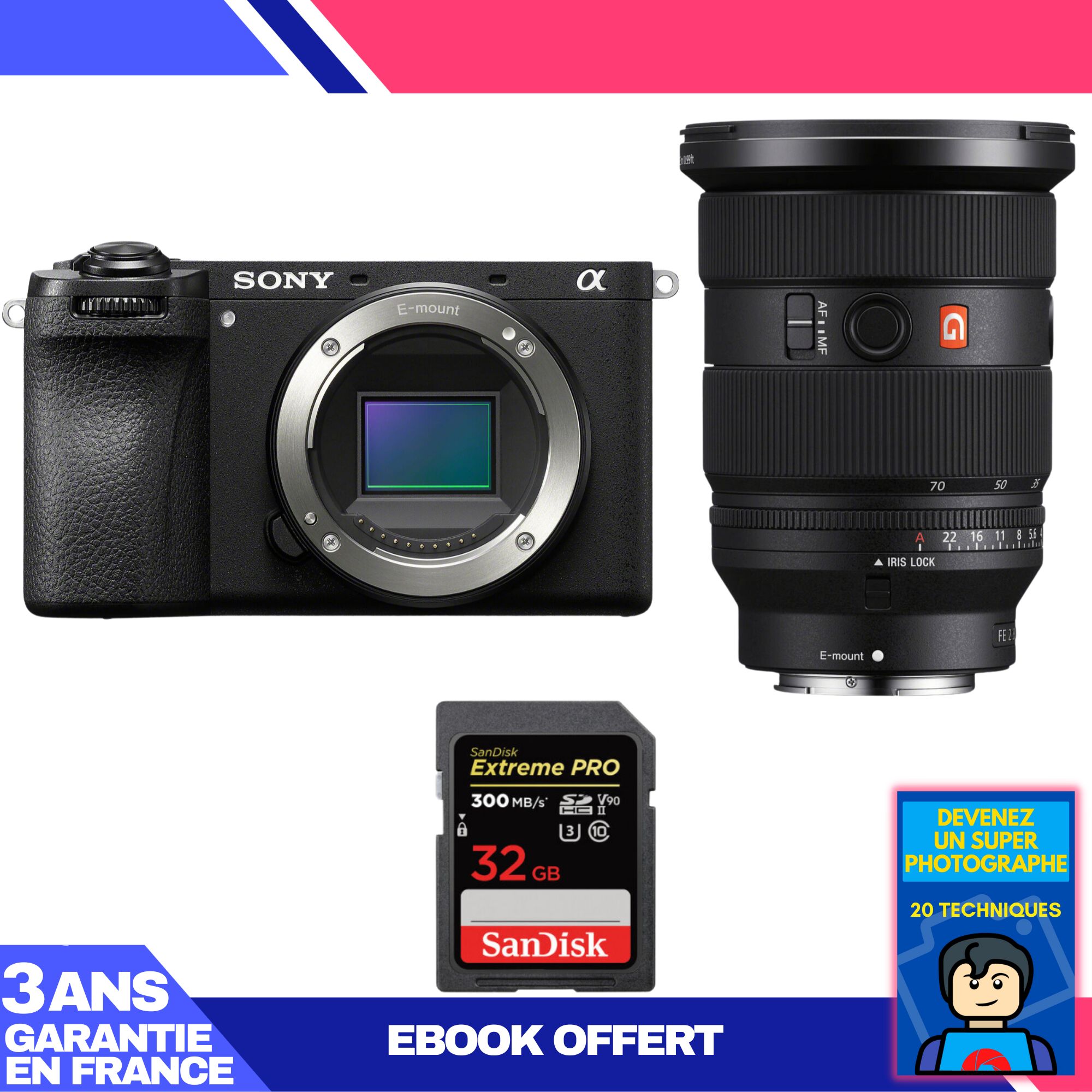 Appareil photo hybride Sony A6700 + Objectif FE 24-70mm f/2.8 GM II + Carte SD 32 Go SanDisk Extreme PRO UHS-II 300 Mo/s + Guide 'Devenez Photographe Professionnel'