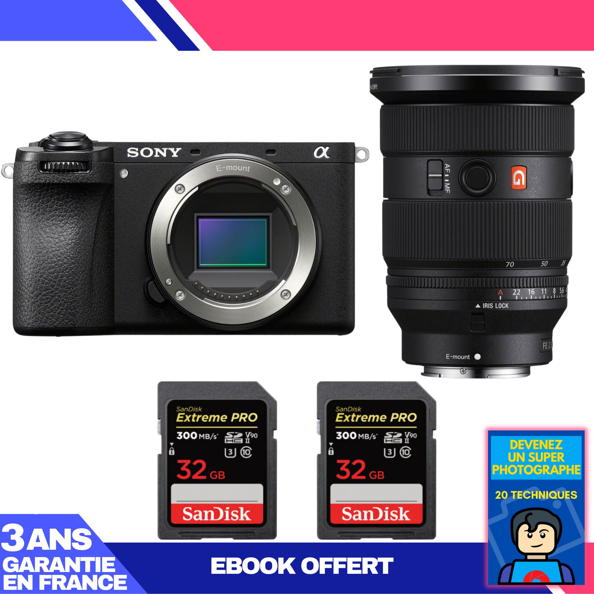 Appareil photo hybride Sony A6700 + Objectif FE 24-70mm f/2.8 GM II + 2 cartes SD SanDisk 32 Go Extreme PRO UHS-II 300 Mo/s + Guide 'Devenez un Super Photographe'
