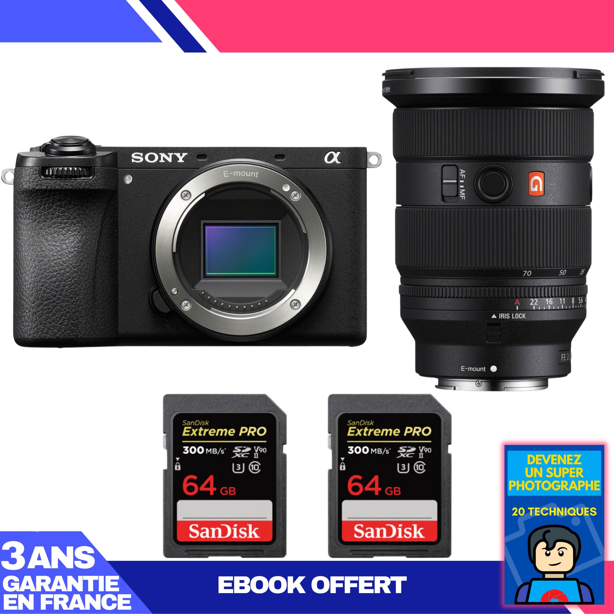 Kit Sony A6700 avec objectif FE 24-70mm f/2.8 GM II + 2 cartes SanDisk 64 Go Extreme PRO UHS-II