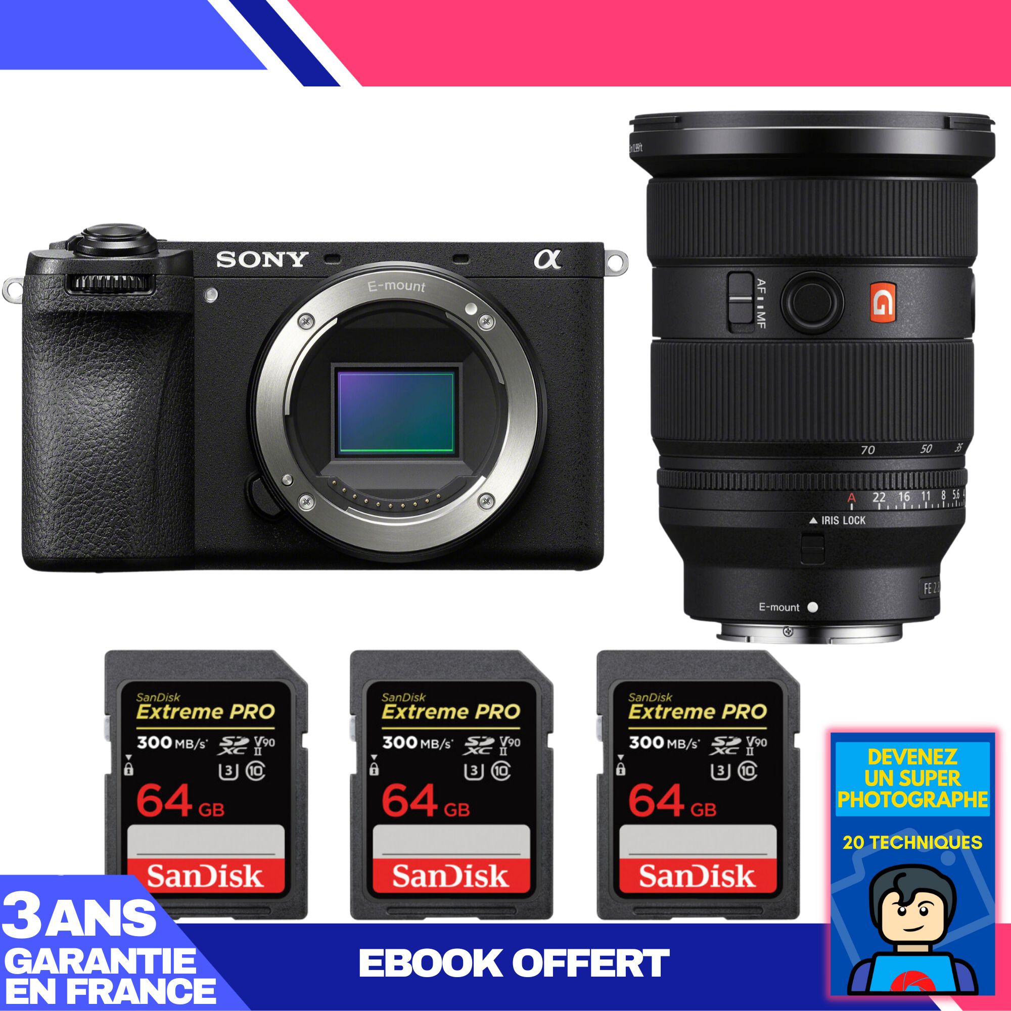 Appareil photo hybride Sony A6700 + Objectif FE 24-70mm f/2.8 GM II + 3 cartes SD SanDisk 64 Go Extreme PRO UHS-II