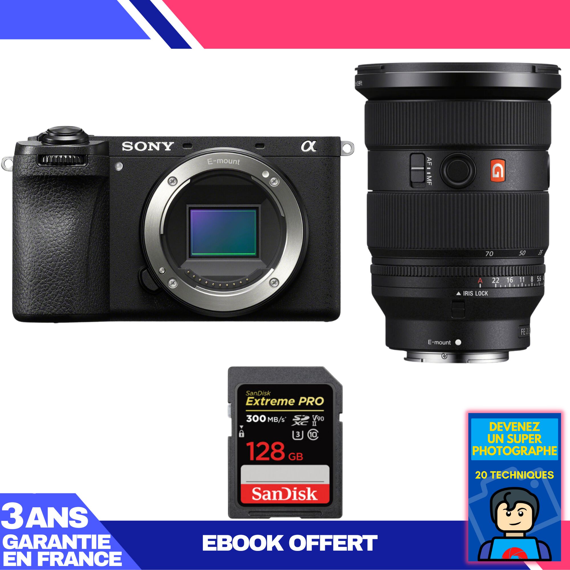 Appareil photo hybride Sony A6700 + objectif FE 24-70mm f/2.8 GM II + carte SD SanDisk 128 Go Extreme PRO UHS-II 300 Mo/s + ebook 'Devenez un super photographe'