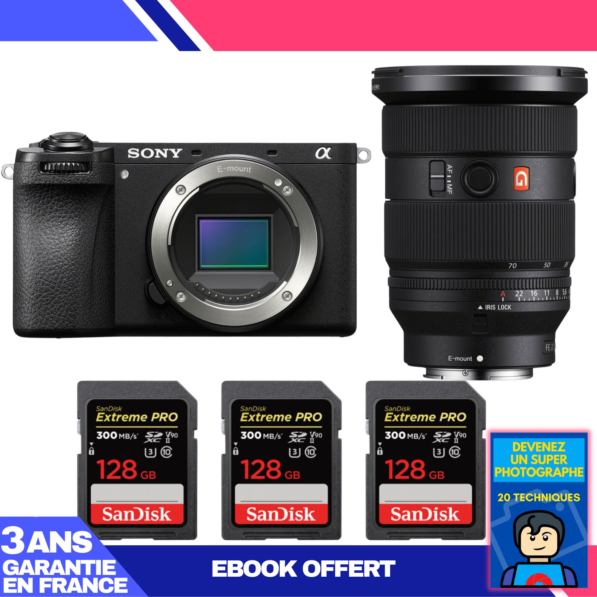 Appareil photo hybride Sony A6700 + Objectif FE 24-70mm f/2.8 GM II + 3 cartes mémoire SanDisk 128 Go Extreme PRO UHS-II SDXC (300 Mo/s) + Ebook 'Devenez un super photographe'