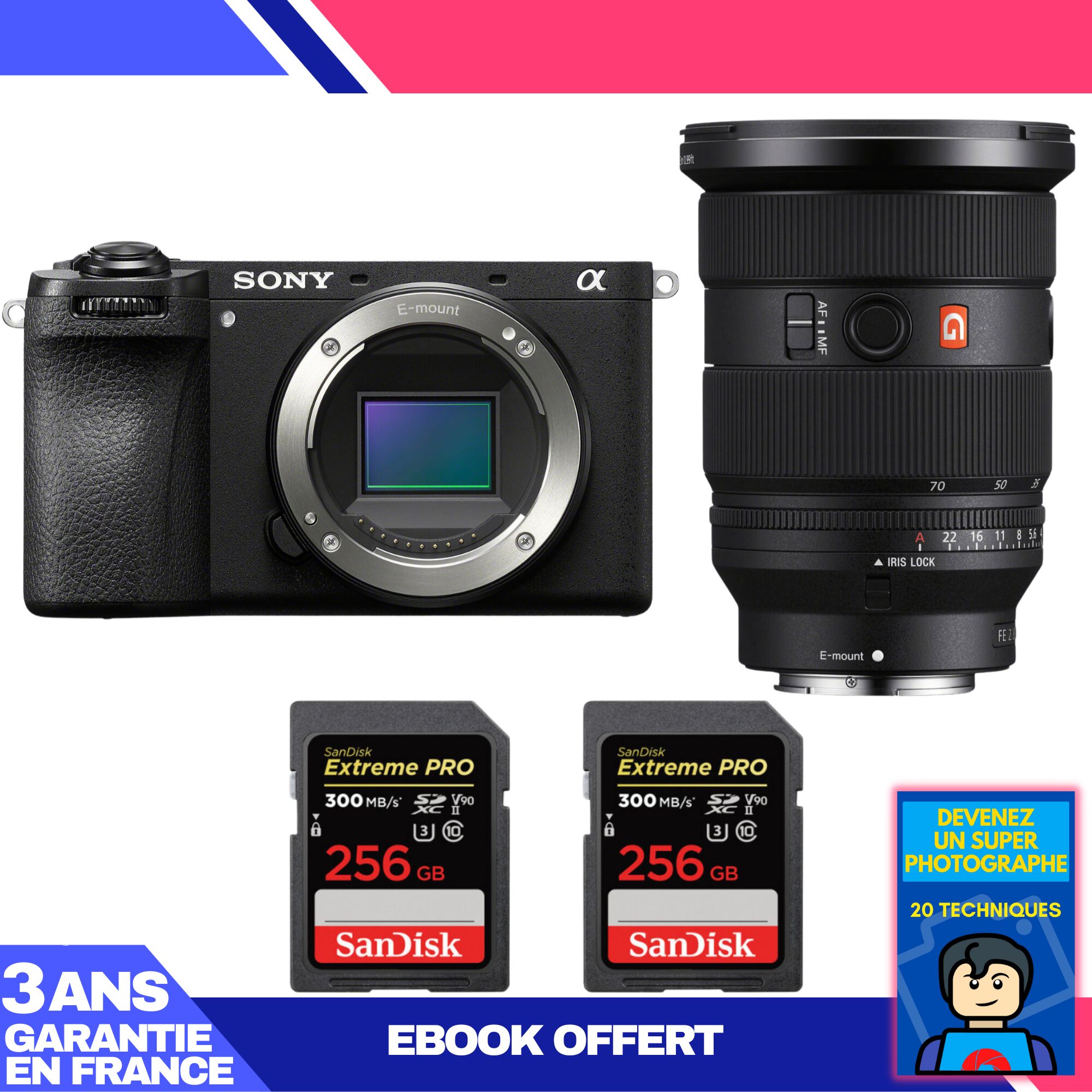 Sony A6700 + Objectif FE 24-70mm f/2.8 GM II + 2 Cartes SD SanDisk 256 Go Extreme PRO UHS-II (300 Mo/s) + Ebook 'Devenez un Photographe Super' 