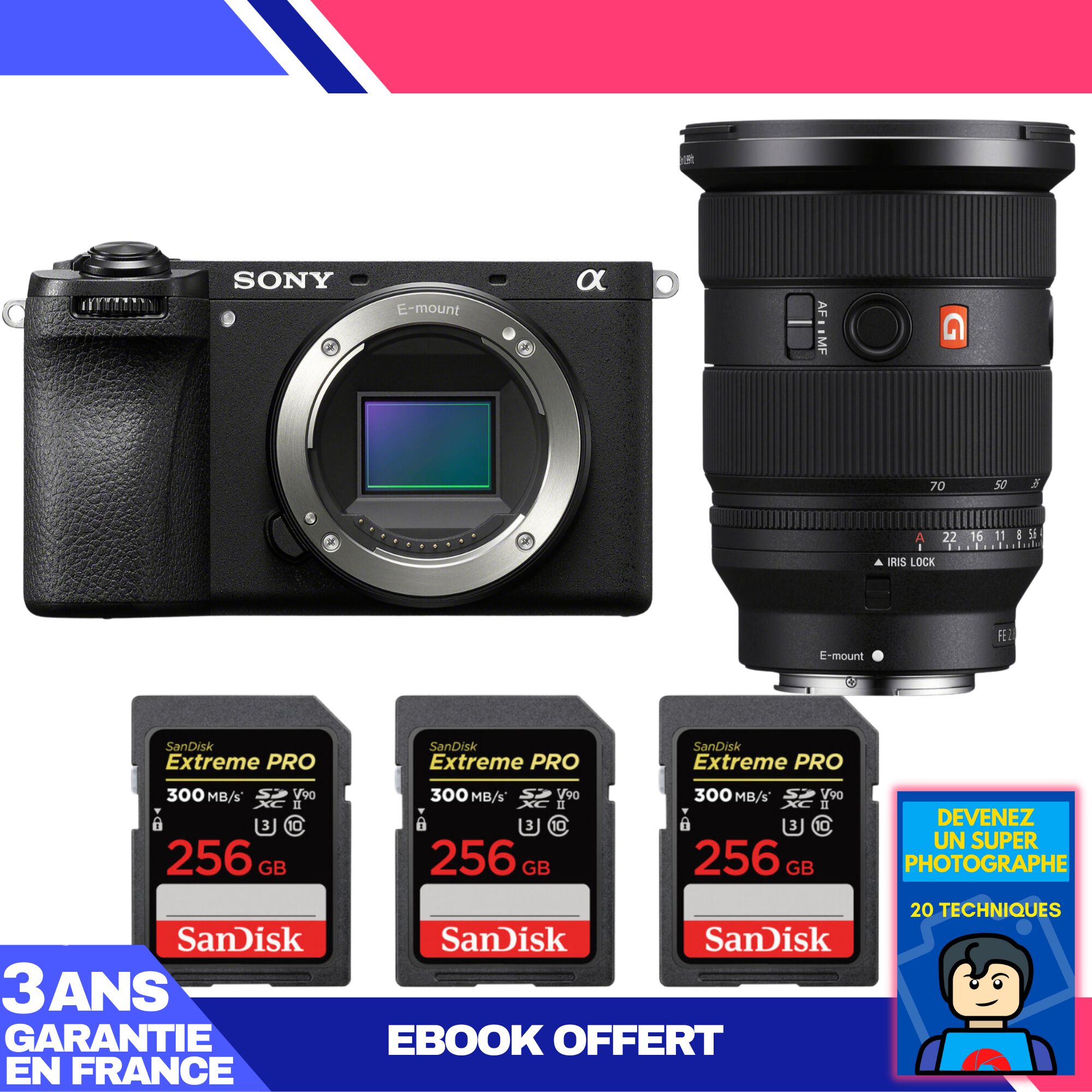 Appareil photo Sony A6700 + Objectif FE 24-70mm f/2.8 GM II + 3 Cartes SDXC SanDisk 256 Go Extrême PRO UHS-II 300 Mo/s