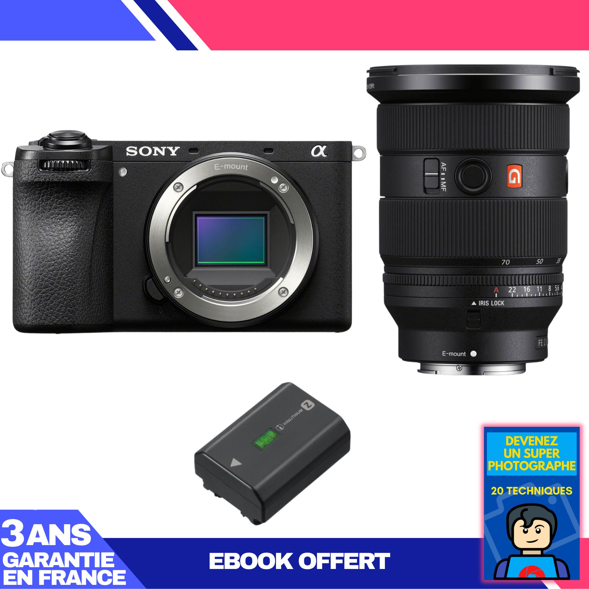 Appareil photo hybride Sony A6700 + Objectif FE 24-70mm f/2.8 GM II + 1 Batterie Sony NP-FZ100 + Ebook 'Devenez un super photographe'