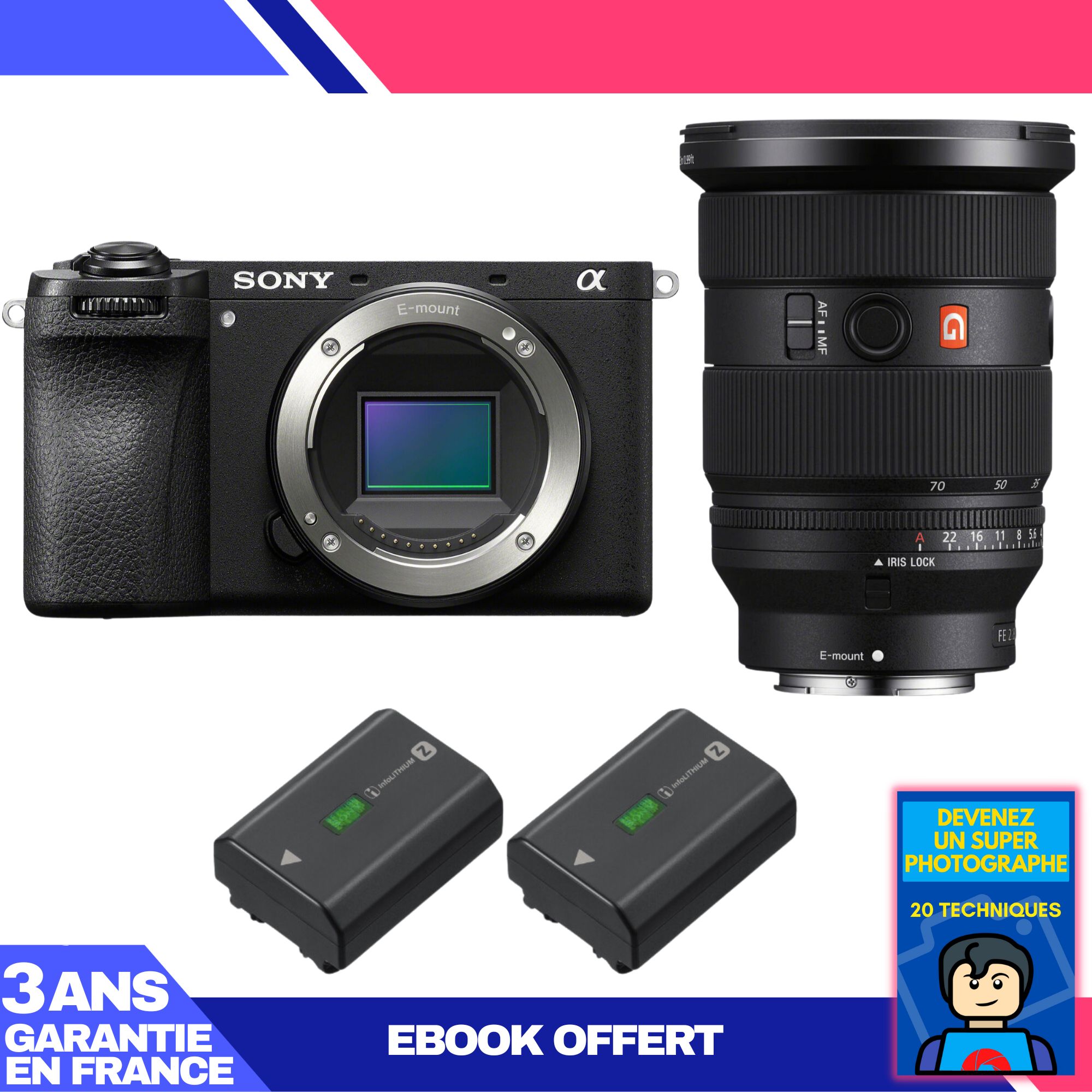 Appareil photo hybride Sony A6700 + Objectif FE 24-70mm f/2.8 GM II + 2 batteries Sony NP-FZ100 + Guide 'Devenez un photographe exceptionnel'