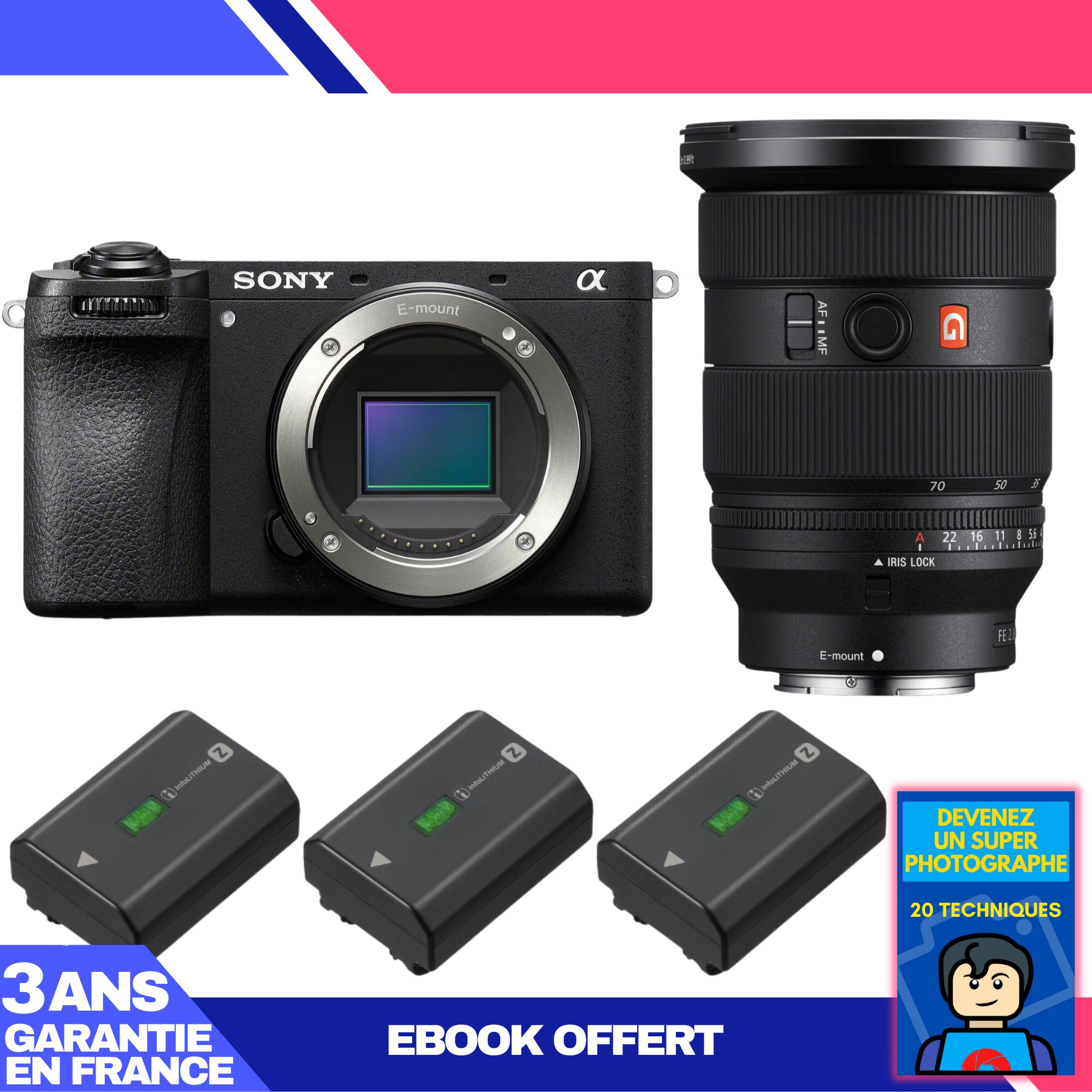 Appareil photo hybride Sony A6700 + Objectif FE 24-70mm f/2.8 GM II + 3 batteries Sony NP-FZ100 + Guide 'Devenez un photographe exceptionnel'