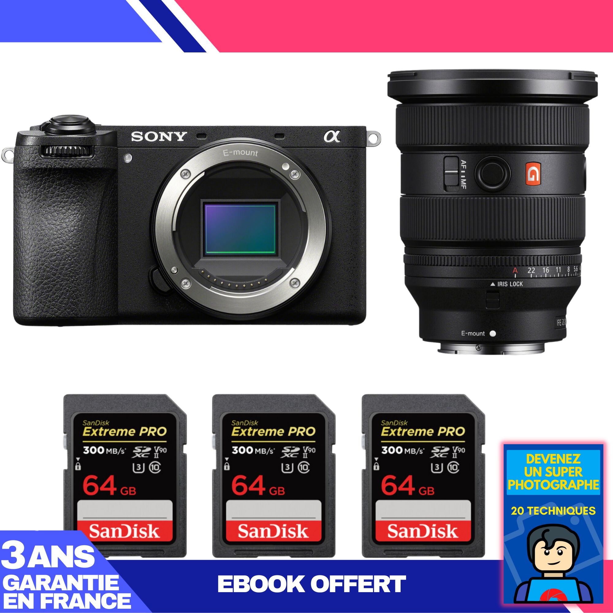 Sony A6700 Mirrorless Camera + FE 16-35mm f/2.8 GM II Lens + 3 SanDisk 64GB Extreme PRO UHS-II SDXC Cards + 'Become a Super Photographer' Ebook
