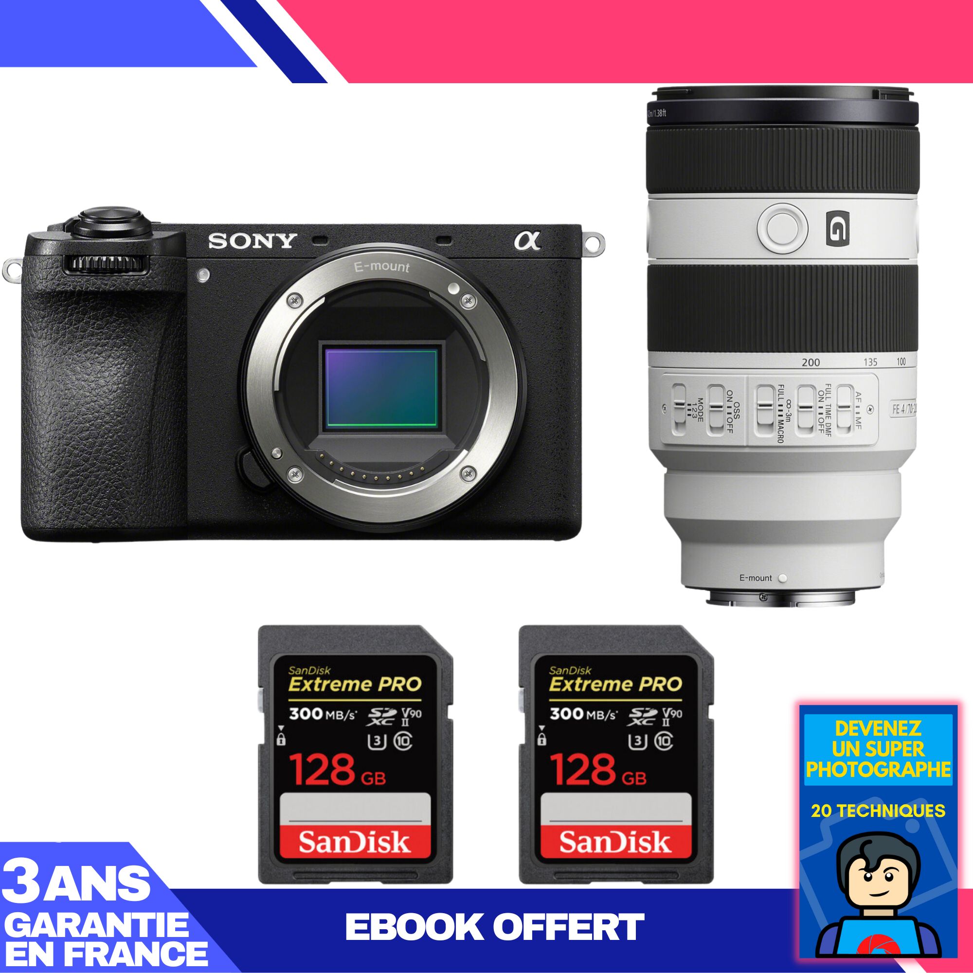 Sony A6700 Mirrorless Camera + FE 70-200mm f/4 Macro G OSS II Lens + 2 SanDisk 128GB Extreme PRO UHS-II SDXC Cards + Ebook 'Devenez Un Super Photographe