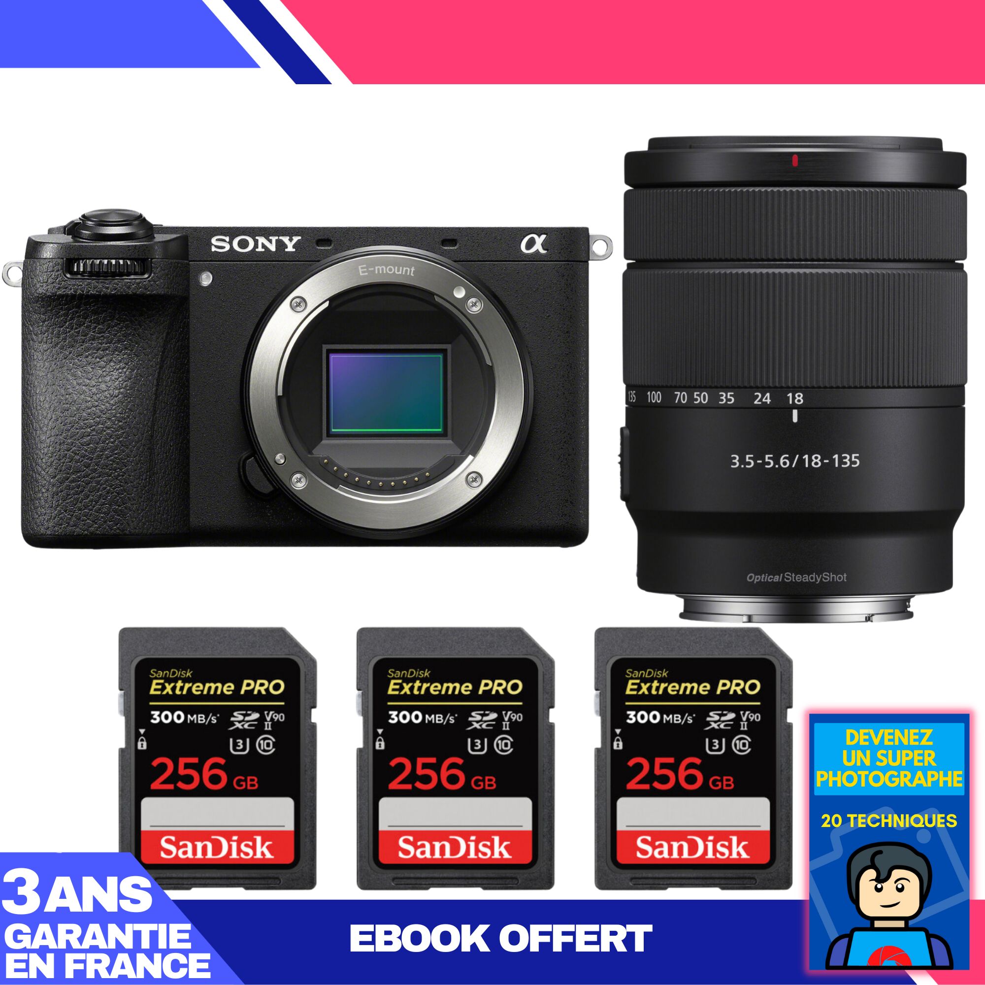 Sony A6700 Mirrorless Camera + 18-135mm f/3.5-5.6 OSS Lens + 3 SanDisk 256GB Extreme PRO UHS-II SDXC Cards + 'Become a Super Photographer Ebook