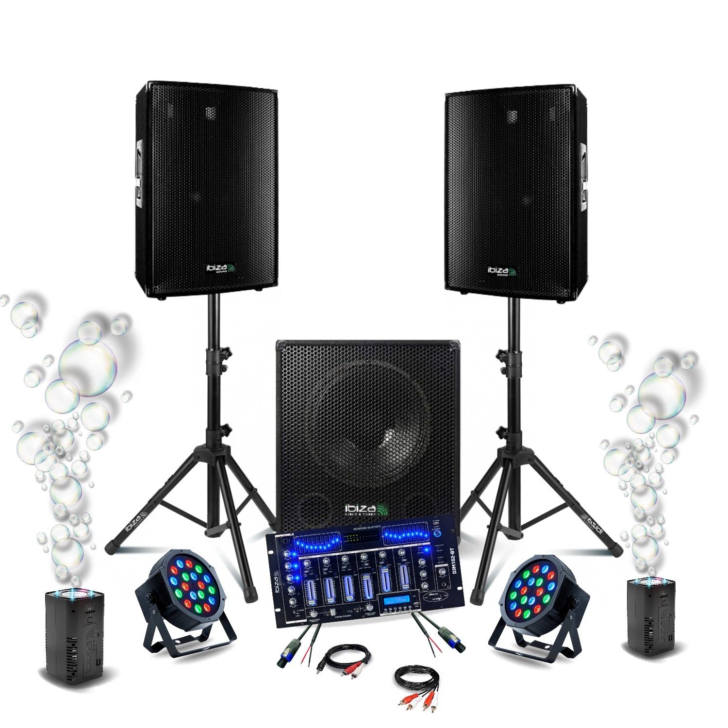 Kit Ibiza Sound Sono DJ 2200W - 2 altavoces Ibiza DISCO15B - subwoofer de 800W SUB15A - mesa de mezclas DJM102-BT - 2 PAR RGB - 2 máquinas de burbujas