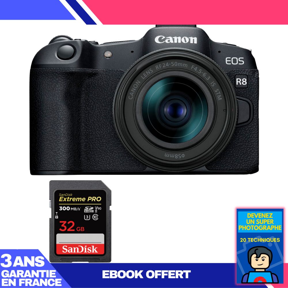 Canon EOS R8 Body + RF 24-50mm IS STM Lens + 1x 32GB SanDisk Extreme PRO UHS-II SDXC Card + 'Become a Super Photographer' Ebook