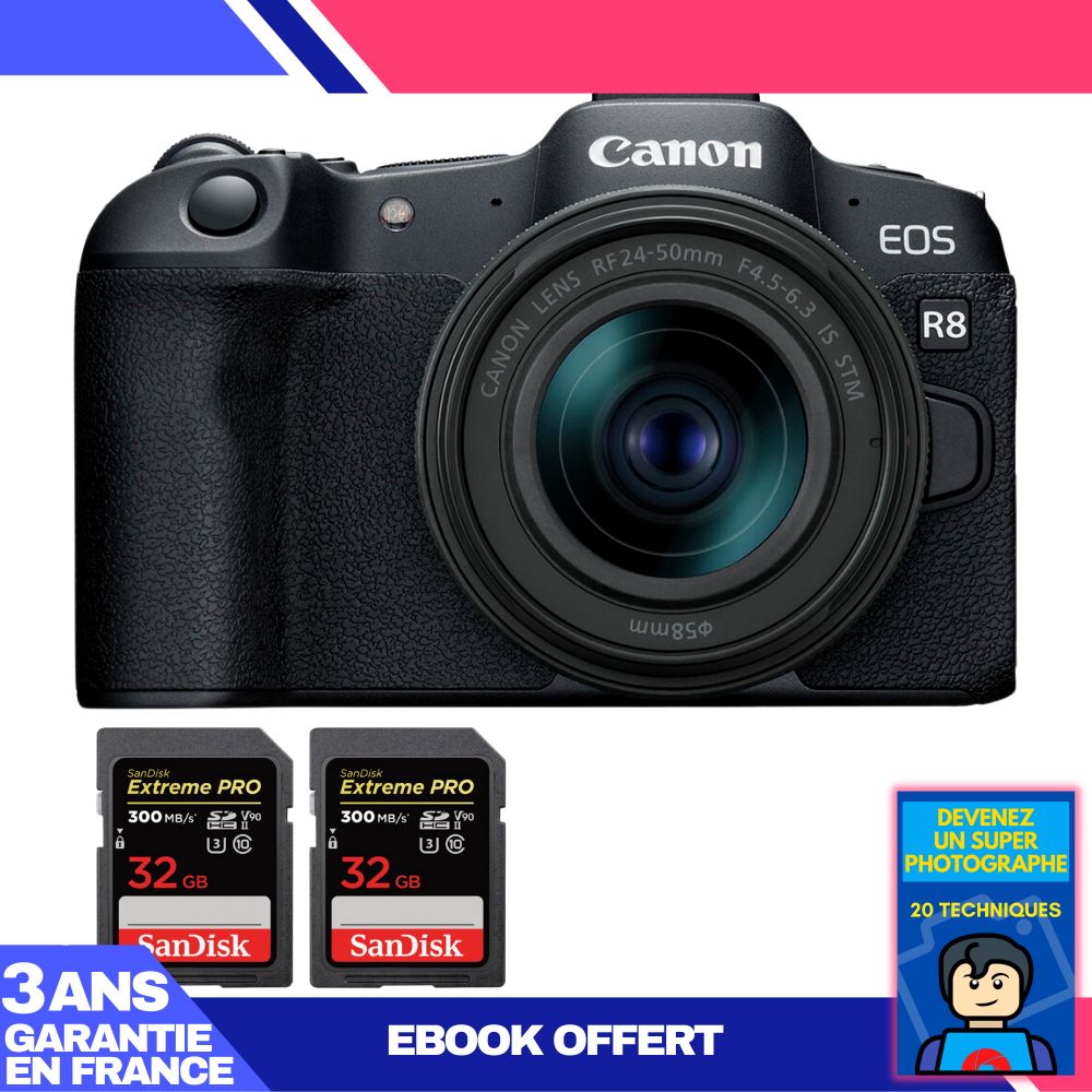 Canon EOS R8 Camera Kit with RF 24-50mm IS STM Lens + 2x 32GB SanDisk Extreme PRO UHS-II SDXC Memory Cards + 'Become a Super Photographer' Ebook
