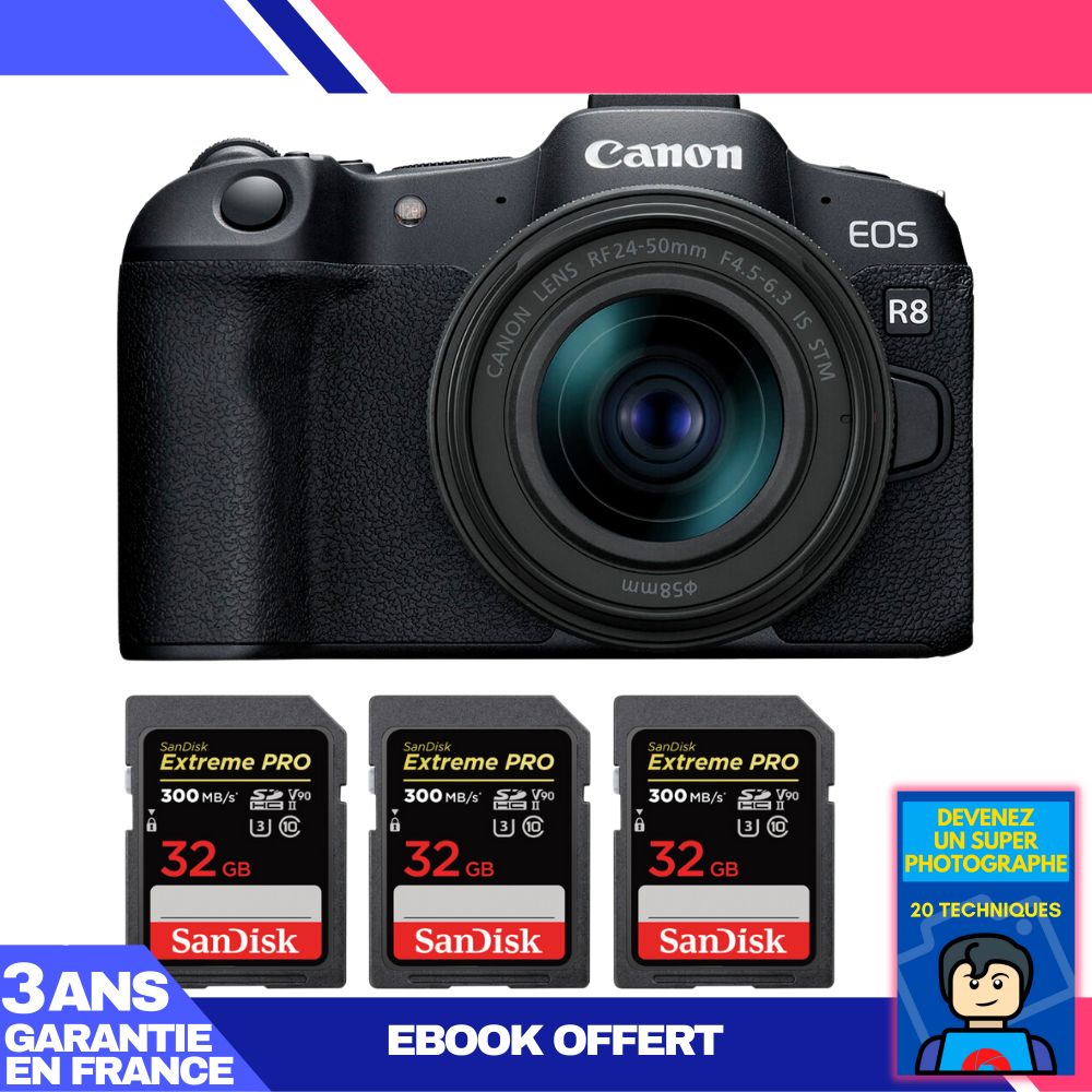 Canon EOS R8 + objectif RF 24-50 mm f/4.5-6.3 IS STM + 3 cartes SanDisk 32 Go Extreme PRO UHS-II SDXC (300 Mo/s) + e-livre 'Devenez un super photographe'