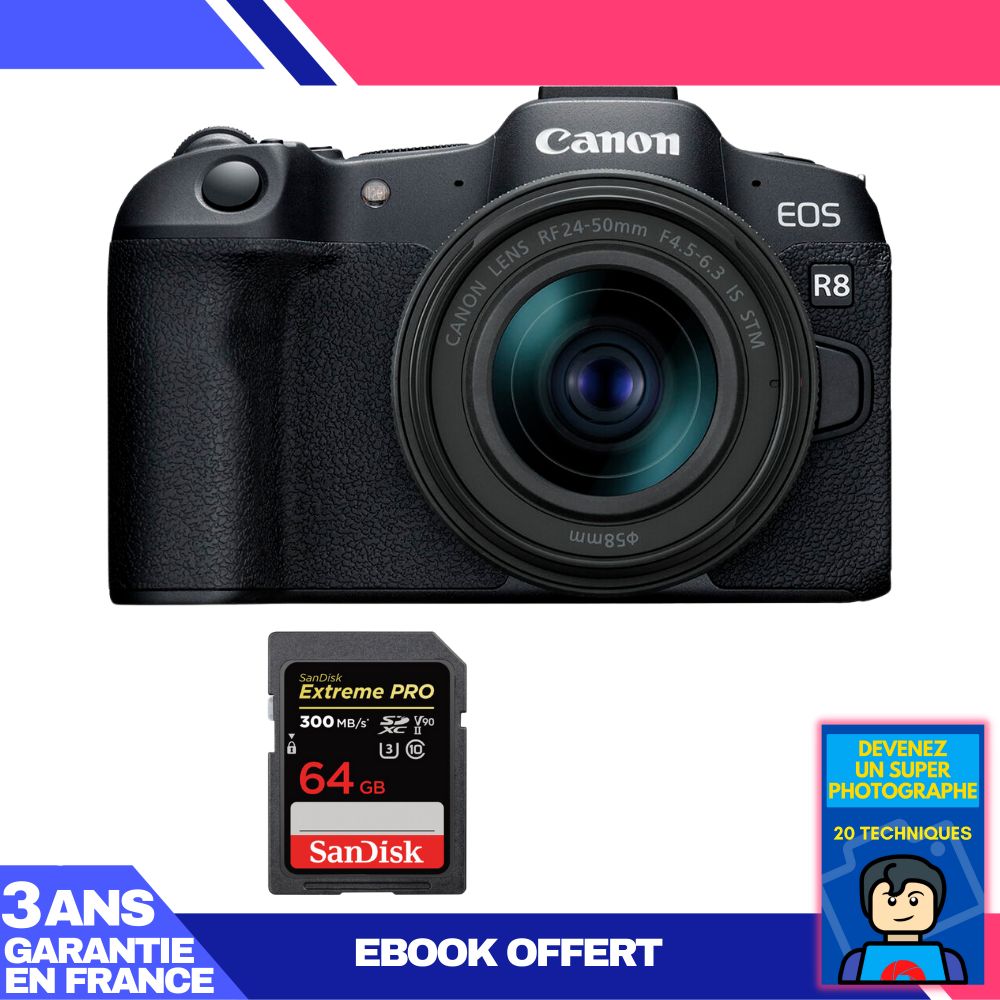 Canon EOS R8 Camera Kit with RF 24-50mm IS STM Lens and 64GB SanDisk Extreme PRO SD Card (Ebook Included)