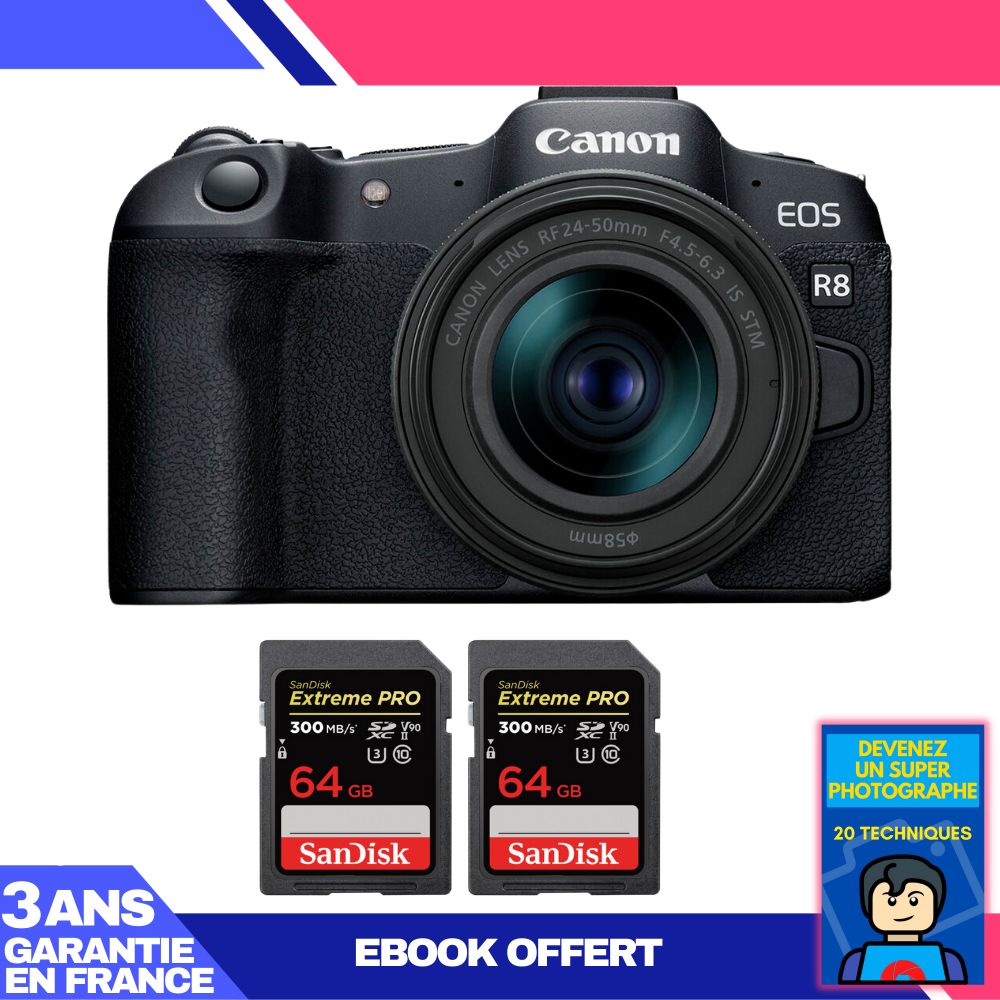 Canon EOS R8 Body + RF 24-50mm IS STM Lens + 2x 64GB SanDisk Extreme PRO SDXC UHS-II Cards + 'Become a Super Photographer' Ebook