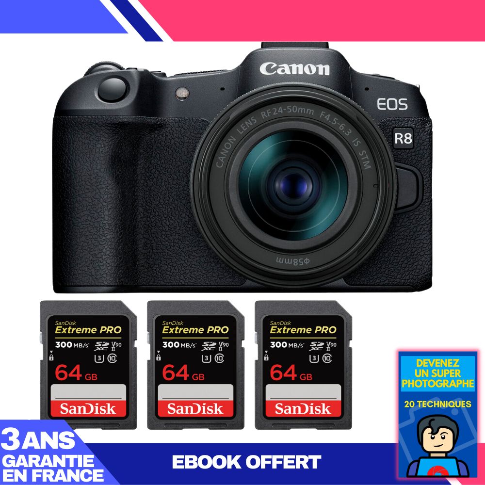 Appareil photo hybride Canon EOS R8 avec objectif RF 24-50 mm f/4,5-6,3 IS STM et 3 cartes SDXC SanDisk 64 Go Extreme PRO UHS-II + livre électronique : Devenez un super photographe