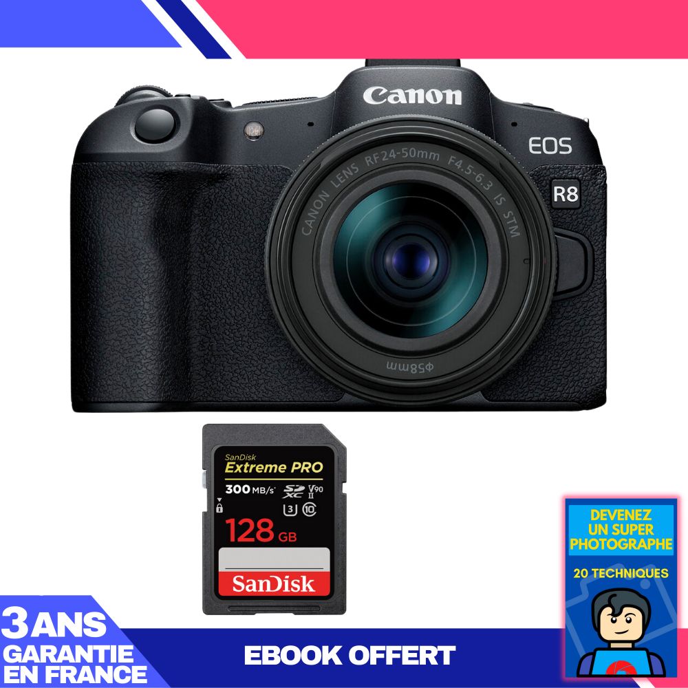 Canon EOS R8 Camera Kit with RF 24-50mm IS STM and SanDisk 128GB Extreme PRO SDXC Card