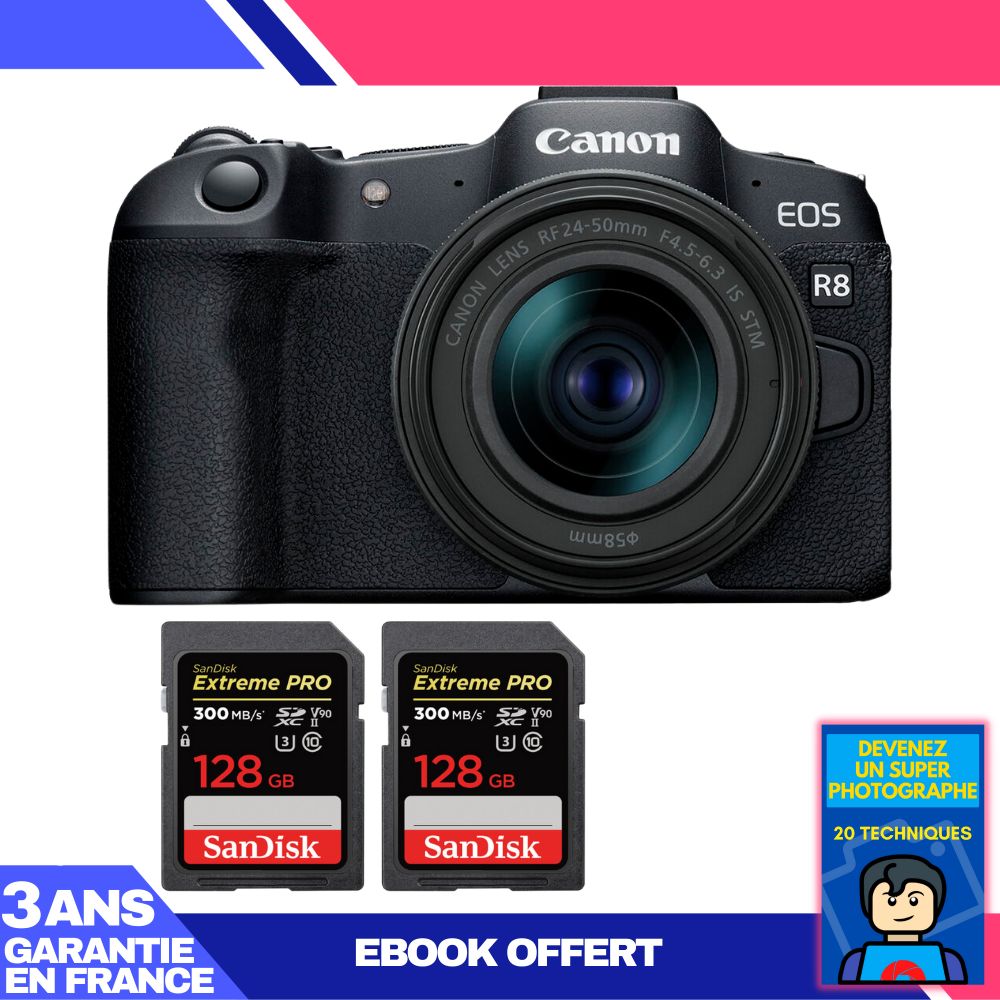 Canon EOS R8 Camera Kit with RF 24-50mm IS STM and 2x 128GB SanDisk Extreme PRO SDXC Cards