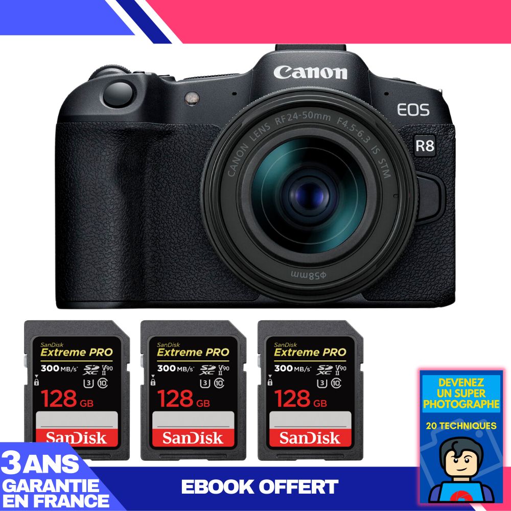 Appareil photo Canon EOS R8 + objectif RF 24-50mm f/4.5-6.3 IS STM + 3 cartes mémoire SanDisk 128 Go Extreme PRO UHS-II SDXC + ebook 'Devenez un super photographe'