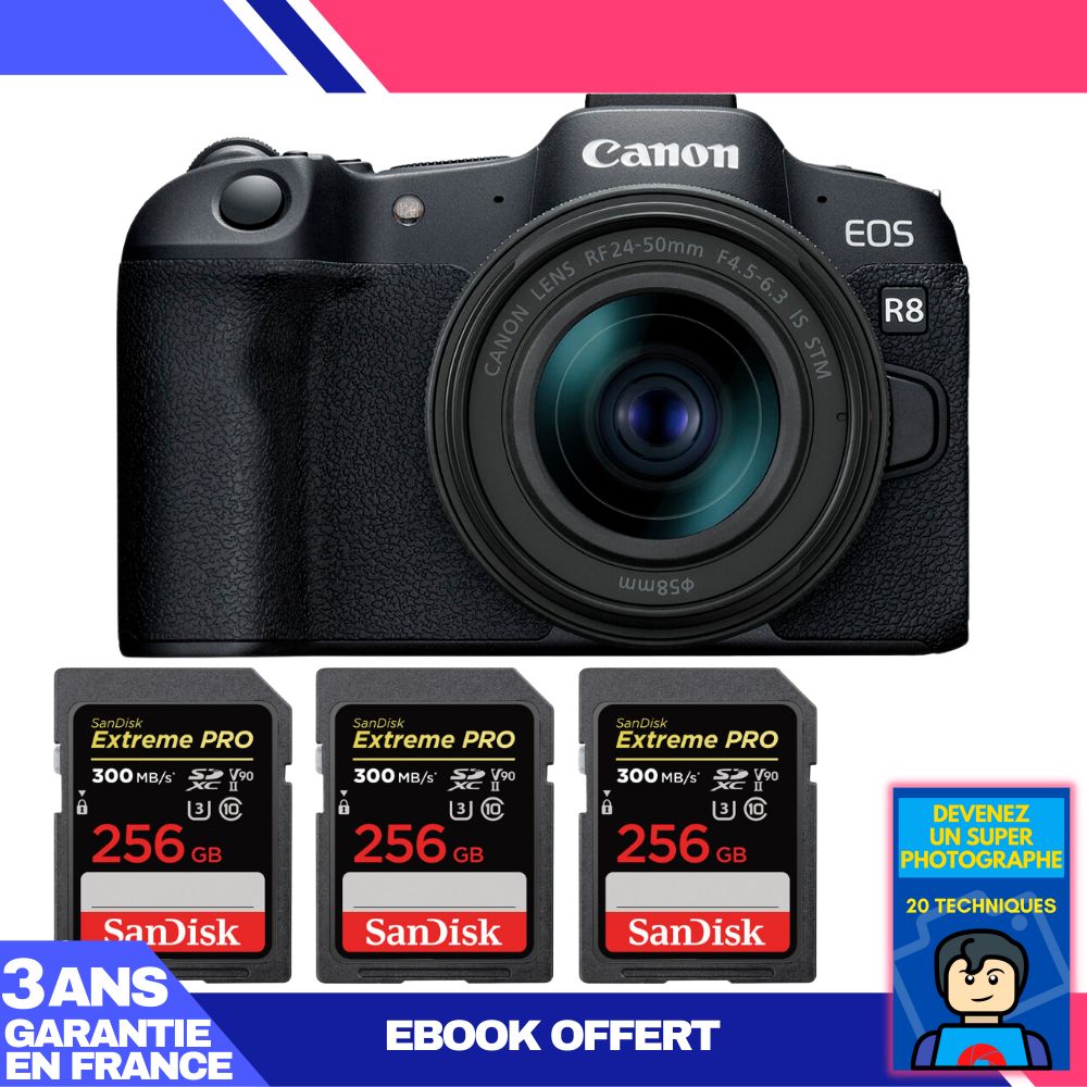 Appareil photo Canon EOS R8 + Objectif RF 24-50mm f/4.5-6.3 IS STM + 3 cartes SDXC SanDisk Extreme PRO 256 Go UHS-II 300 Mo/s + Ebook 'Devenez un Super Photographe'