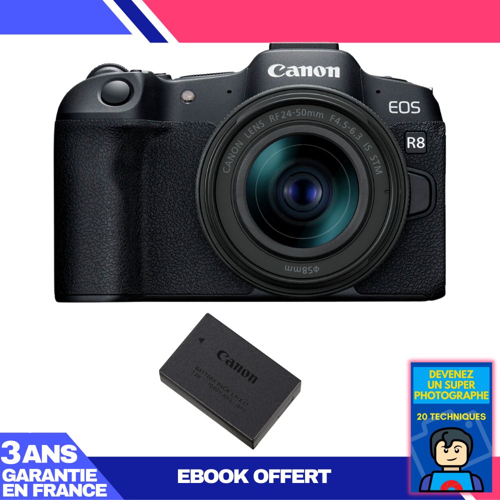 Canon EOS R8 Body + RF 24-50mm IS STM Lens + LP-E17 Battery + 'Become a Super Photographer' Ebook