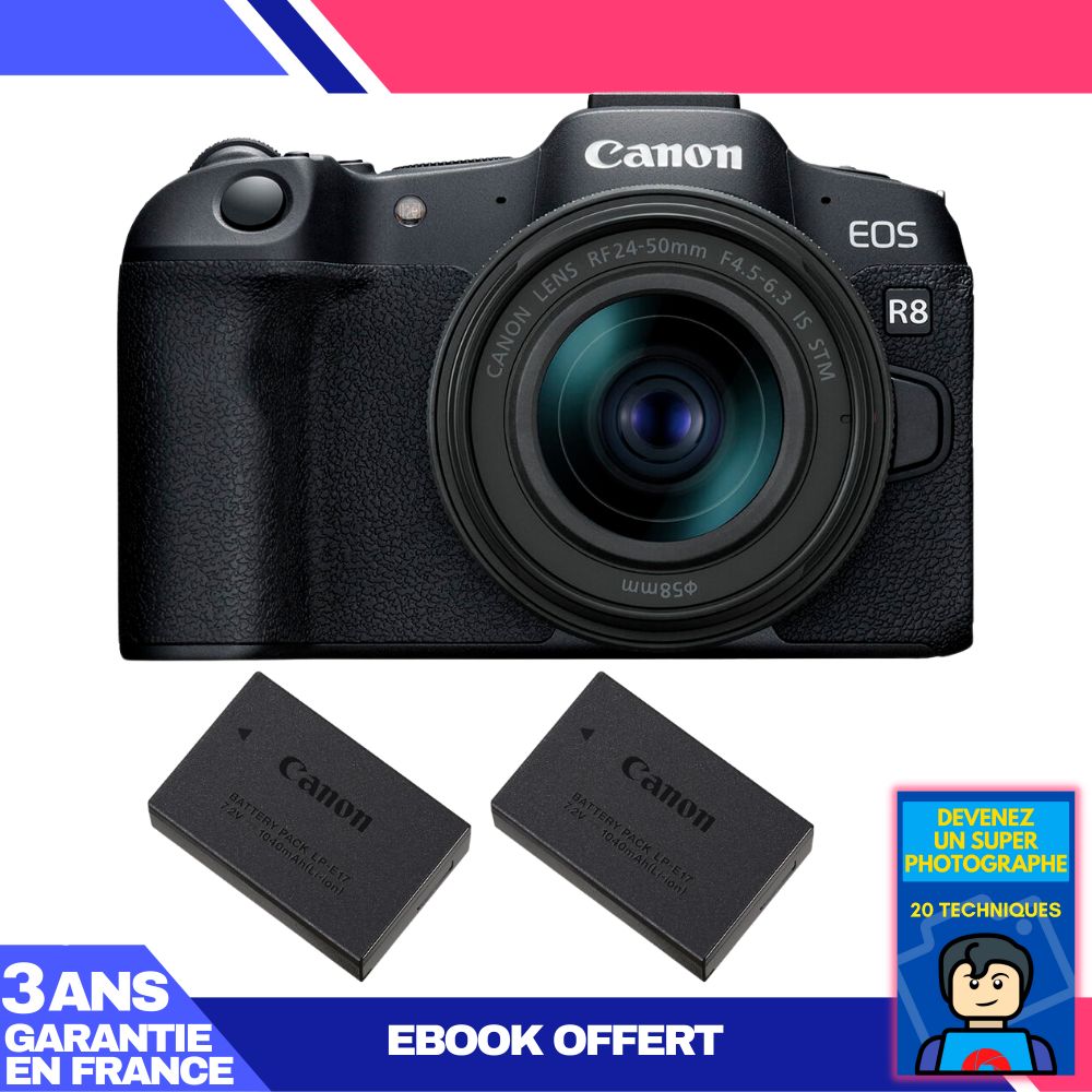Canon EOS R8 Body + RF 24-50mm IS STM Lens + 2 Canon LP-E17 Batteries + 'Become a Super Photographer' Ebook