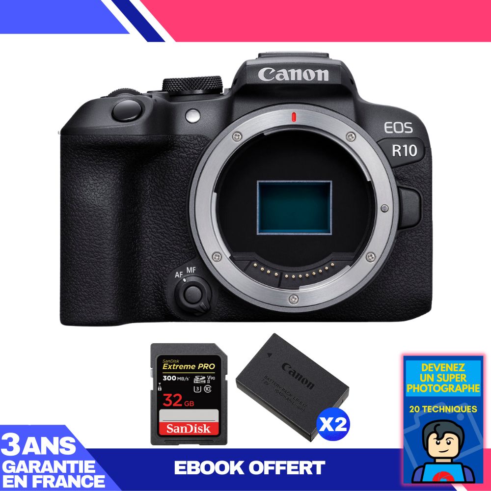 Canon EOS R10 Camera + 1 SanDisk 32GB Extreme PRO UHS-II SDXC Card + 2 Canon LP-E17 Batteries + Ebook 'Become a Super Photographer'