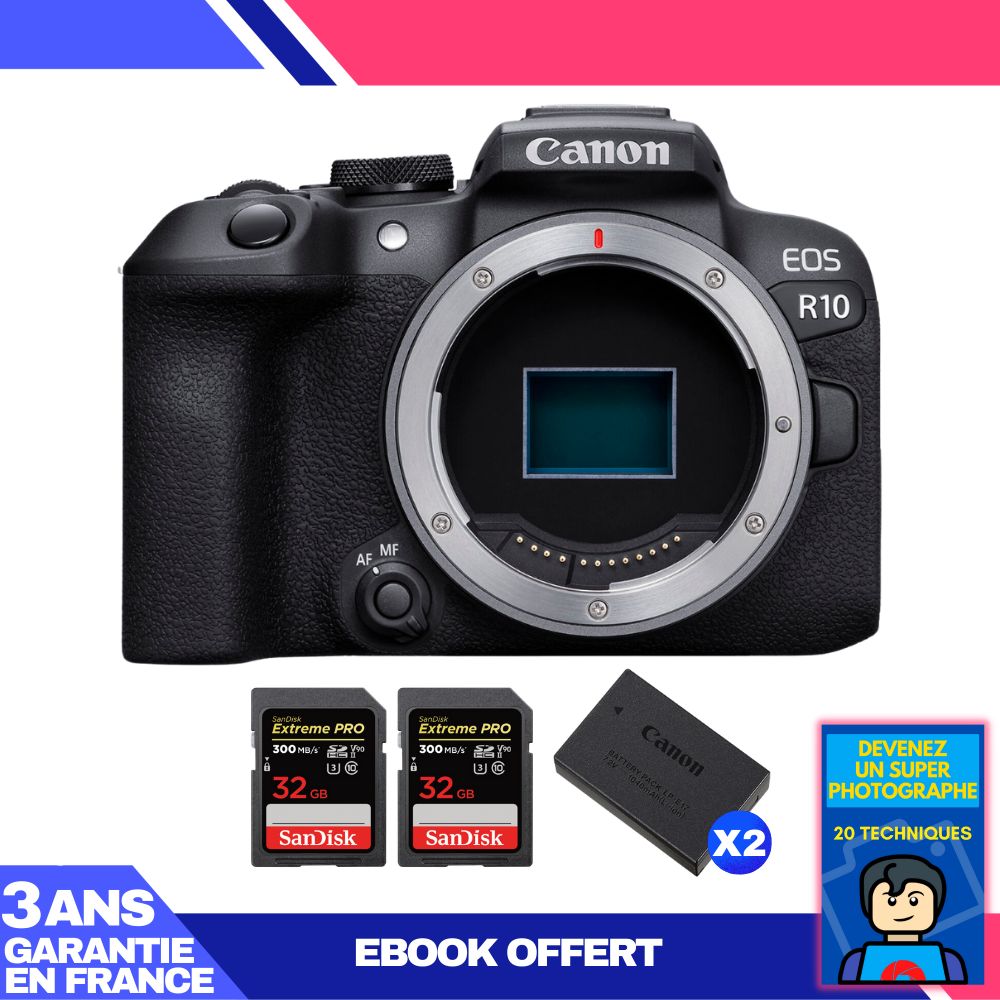 Canon EOS R10 Camera Body + 2 SanDisk 32GB Extreme PRO UHS-II SDXC Cards 300MB/s + 2 Canon LP-E17 Batteries + Ebook 'Become a Super Photographer'