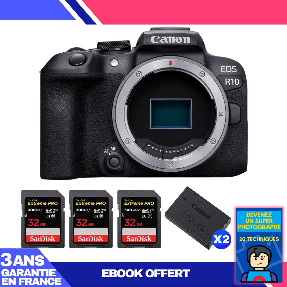 Canon EOS R10 Camera + 3 SanDisk 32GB Extreme PRO UHS-II SDXC Cards 300MB/s + 2 Canon LP-E17 Batteries + Ebook 'Become a Super Photographer'