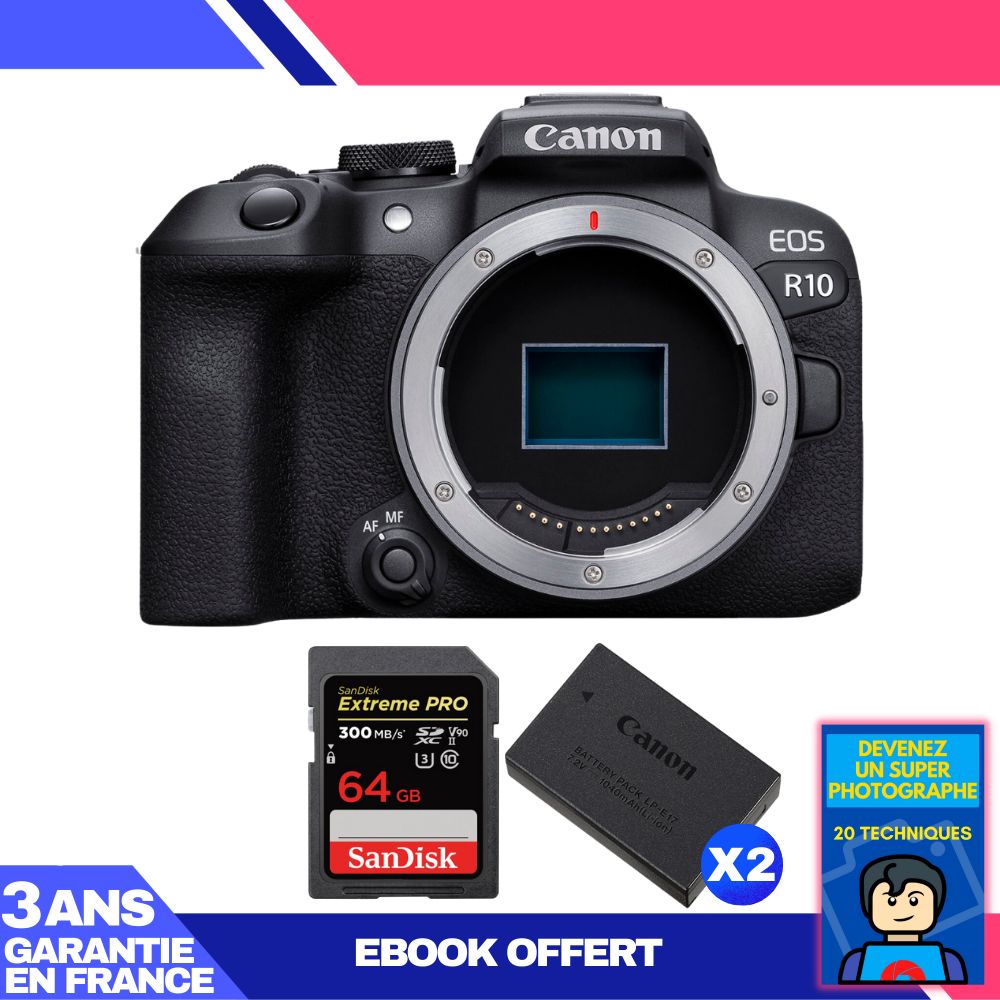 Canon EOS R10 Camera + 1 SanDisk 64GB Extreme PRO UHS-II SDXC Card + 2 Canon LP-E17 Batteries + Ebook 'Become a Super Photographer'