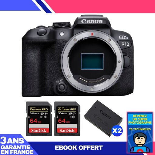 Cámara híbrida Canon EOS R10 + 2 tarjetas SD SanDisk de 64 GB Extremas PRO UHS-II de 300 MB/s + 2 baterías Canon LP-E17 + ebook 'Conviértete en un fotógrafo súper'