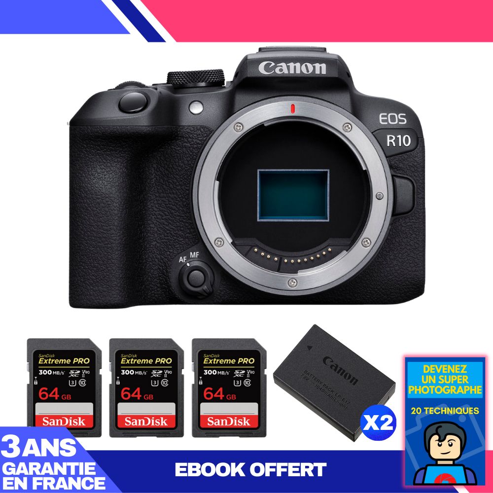 Canon EOS R10 Camera Body + 3 SanDisk 64GB Extreme PRO UHS-II SDXC Cards 300MB/s + 2 Canon LP-E17 Batteries + Ebook 'Become a Super Photographer'