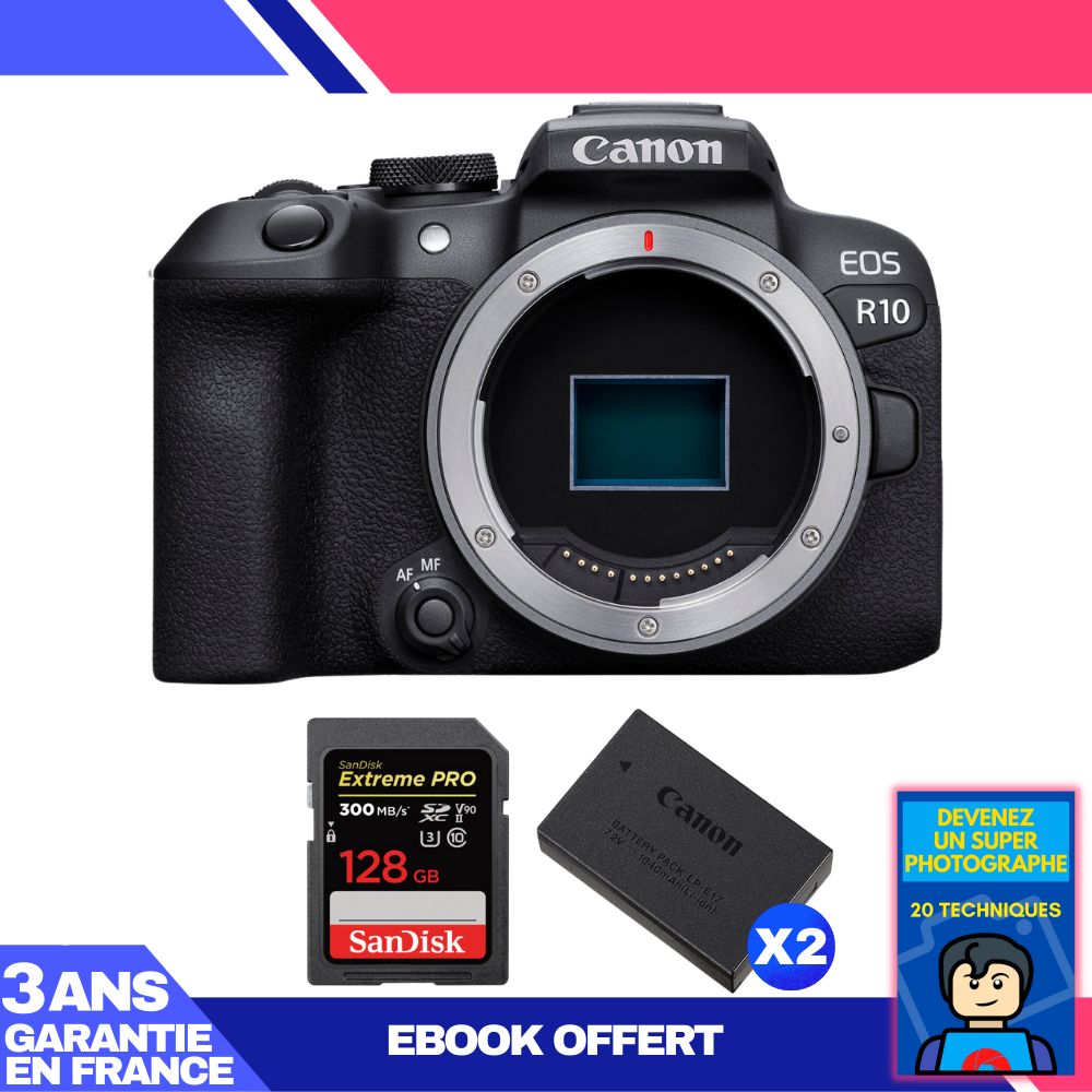 Canon EOS R10 Camera + 1 SanDisk 128GB Extreme PRO UHS-II SD Card + 2 Canon LP-E17 Batteries + Ebook: Become a Super Photographer