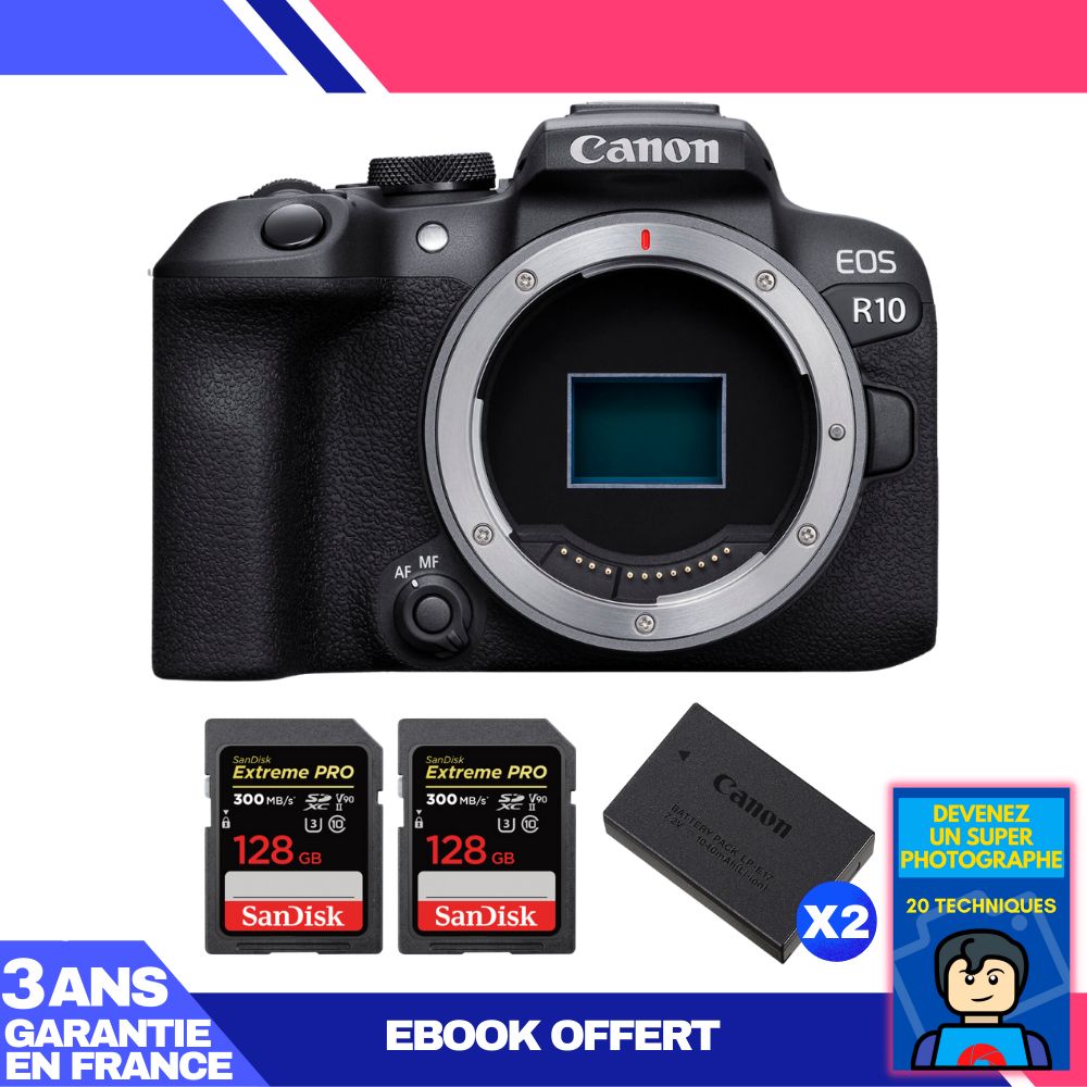 Canon EOS R10 Body + 2 SanDisk 128GB Extreme PRO UHS-II SDXC 300MB/s Cards + 2 Canon LP-E17 Batteries + Ebook 'Become a Super Photographer'