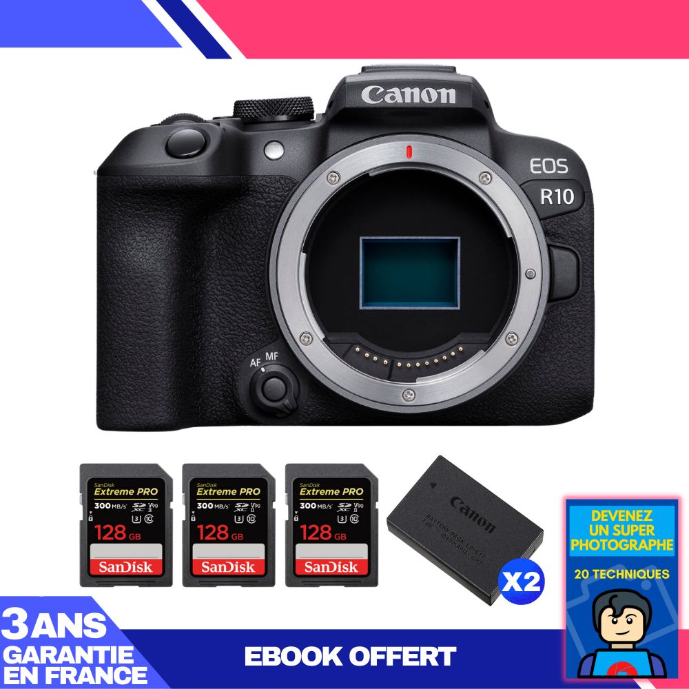 Canon EOS R10 Camera + 3 SanDisk 128GB Extreme PRO UHS-II SDXC Cards 300MB/s + 2 Canon LP-E17 Batteries + Ebook 'Become a Super Photographer'