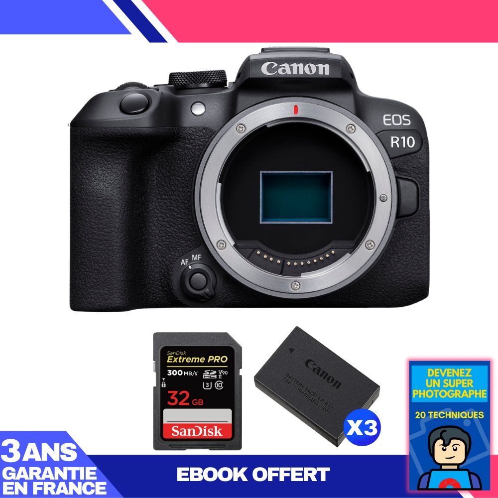 Canon EOS R10 Hybrid Camera + 1 SanDisk 32GB Extreme PRO UHS-II SDXC Card 300MB/s + 3 Canon LP-E17 Batteries + Ebook 'Become a Super Photographer'