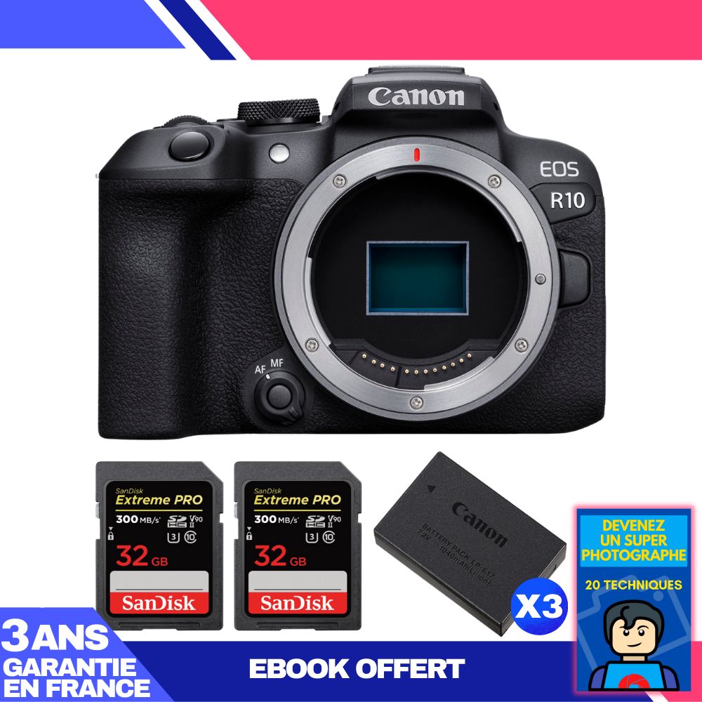 Canon EOS R10 Camera + 2 SanDisk 32GB Extreme PRO UHS-II SDXC Cards + 3 Canon LP-E17 Batteries + Ebook - 'Become a Super Photographer'