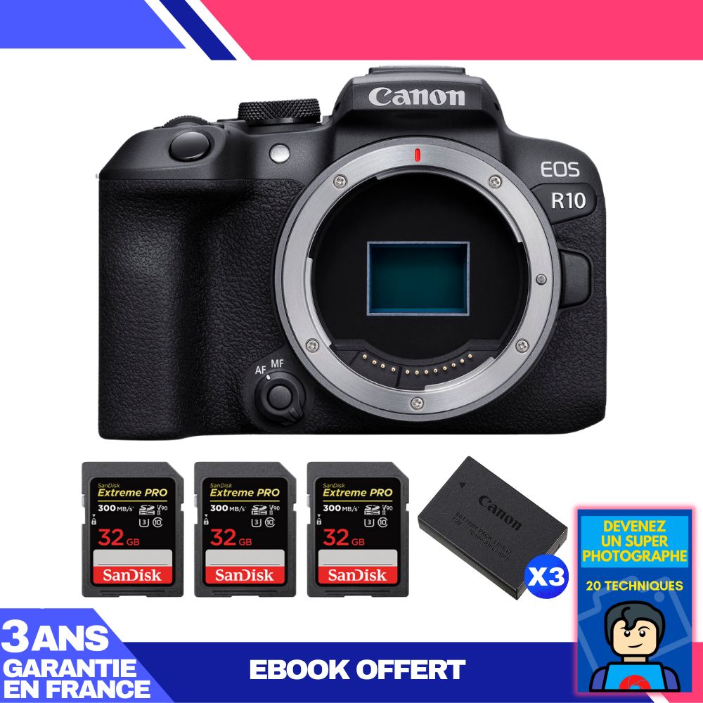 Canon EOS R10 Body + 3 SanDisk 32GB Extreme PRO UHS-II SDXC Cards 300MB/s + 3 Canon LP-E17 Batteries + Ebook 'Become a Super Photographer'