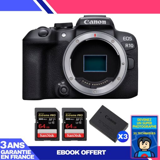 Cámaras Canon EOS R10 + 2 Tarjetas SanDisk de 64GB Extreme PRO UHS-II SDXC + 3 Baterías Canon LP-E17 + Ebook 'Conviértete en un fotógrafo super'