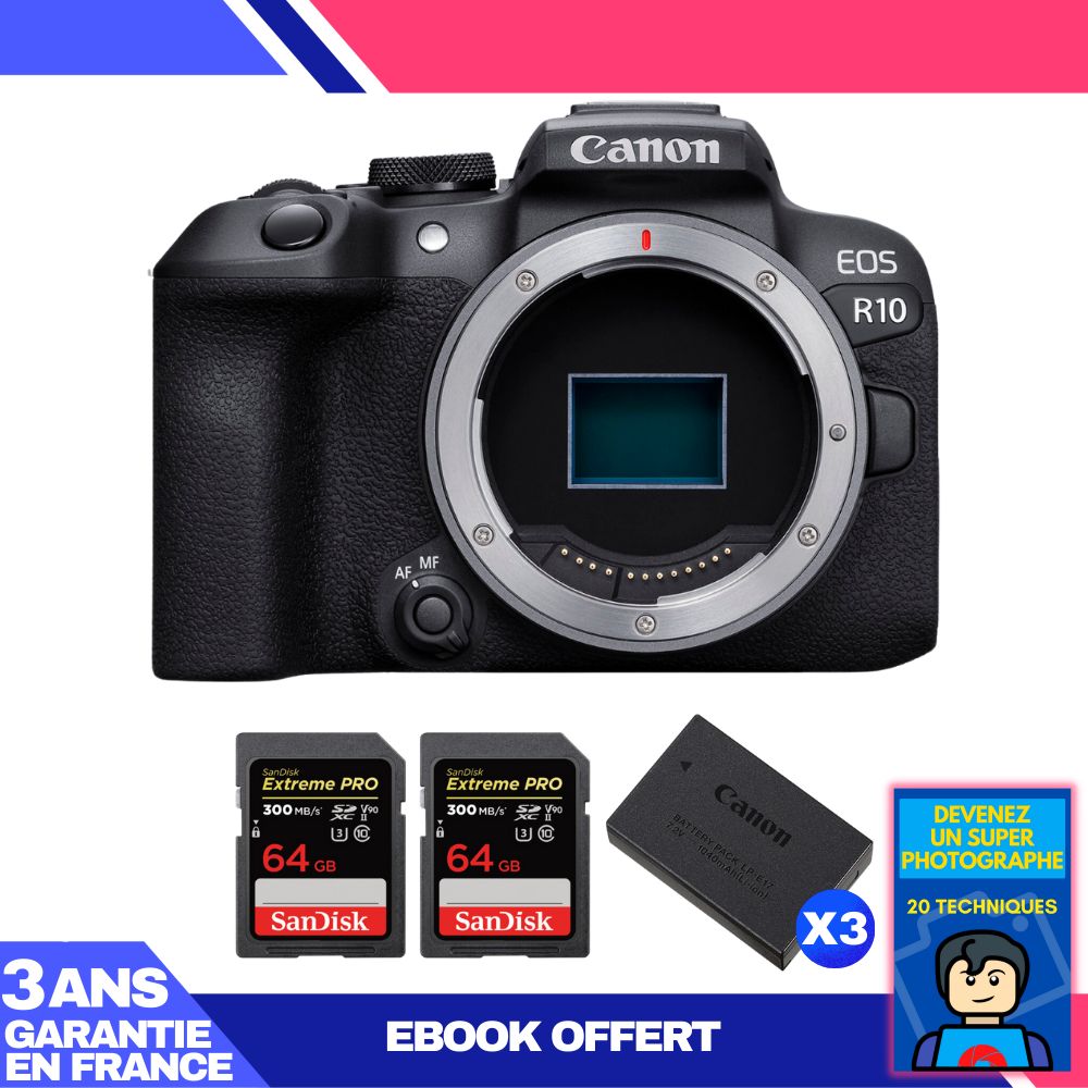 Canon EOS R10 Camera + 2 SanDisk 64GB Extreme PRO UHS-II SDXC Cards + 3 Canon LP-E17 Batteries + Ebook 'Become a Super Photographer'