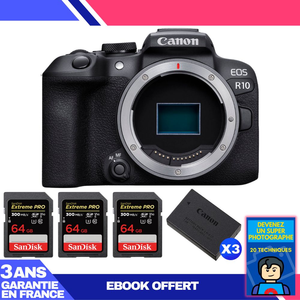 Canon EOS R10 Camera Body + 3 SanDisk 64GB Extreme PRO UHS-II SDXC Cards 300MB/s + 3 Canon LP-E17 Batteries + Ebook 'Become a Super Photographer'