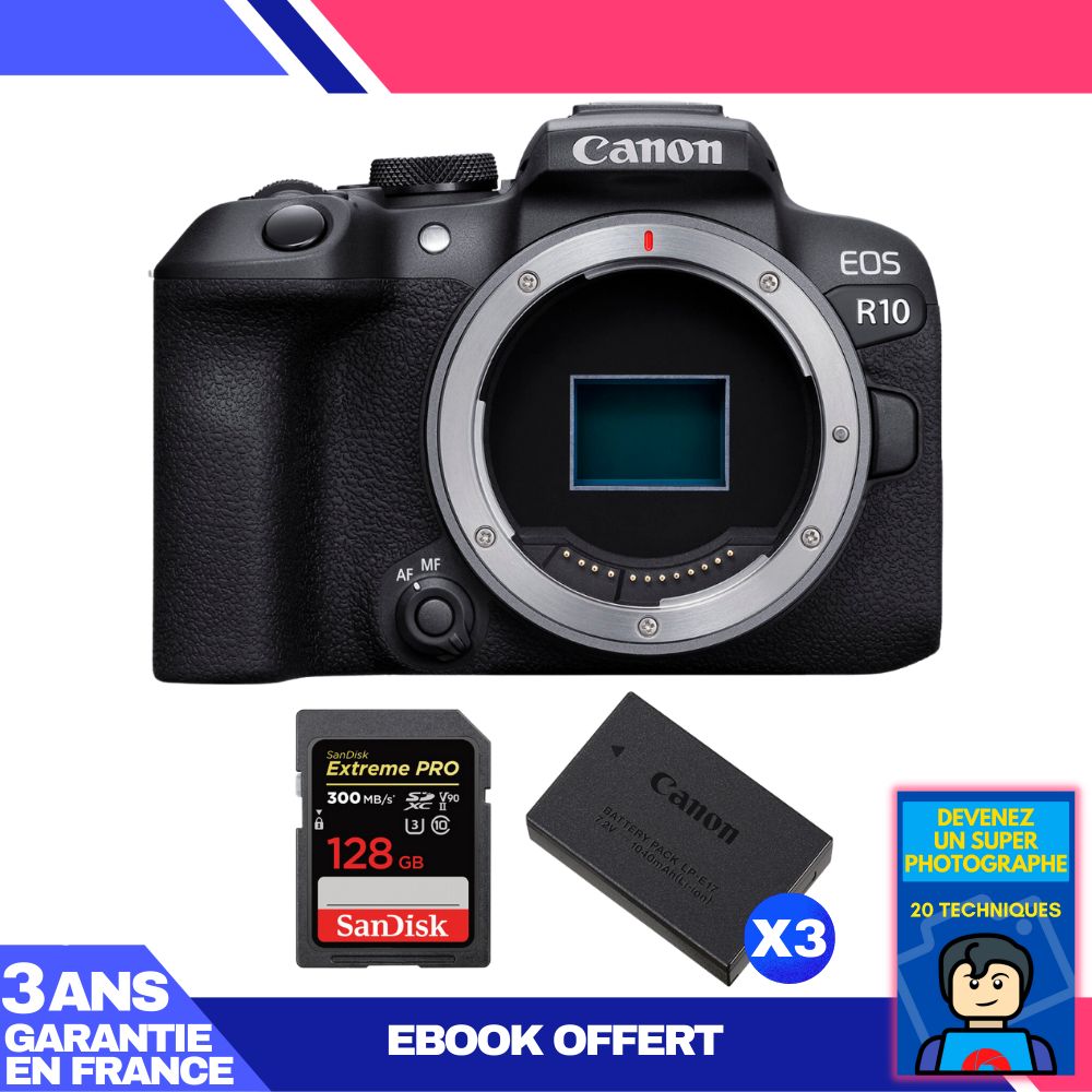 Canon EOS R10 Body + 1 SanDisk 128GB Extreme PRO UHS-II SDXC Card 300MB/s + 3 Canon LP-E17 Batteries + Ebook 'Become a Super Photographer'