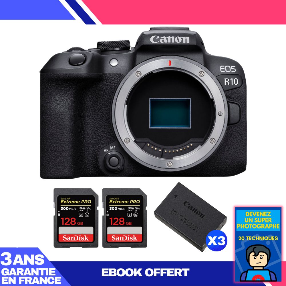 Canon EOS R10 Body + 2 SanDisk 128GB Extreme PRO UHS-II SDXC Cards 300MB/s + 3 Canon LP-E17 Batteries + Ebook 'Become a Super Photographer'