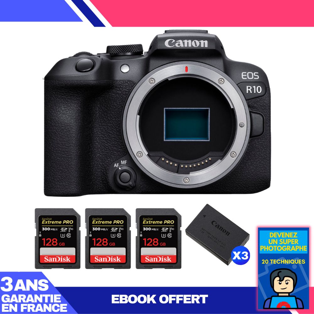 Canon EOS R10 Camera + 3 SanDisk 128GB Extreme PRO UHS-II SD Cards + 3 Canon LP-E17 Batteries + 'Become a Super Photographer' Ebook