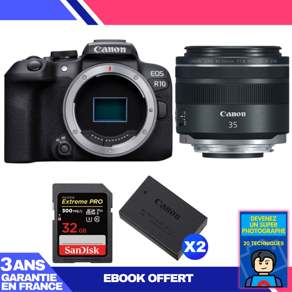 Canon EOS R10 Camera + RF 35mm F1.8 IS Macro STM Lens + 1 SanDisk 32GB Extreme PRO UHS-II SDXC Card + 2 Canon LP-E17 Batteries + Ebook: Become a Super Photographer