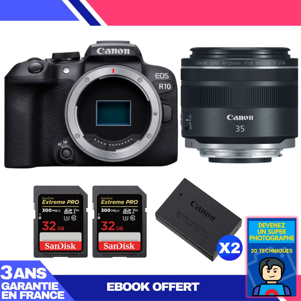 Appareil photo Canon EOS R10 + Objectif RF 35mm F1.8 IS Macro STM + 2 Cartes SD SanDisk 32 Go Extreme PRO UHS-II 300 Mo/s + 2 Batteries Canon LP-E17 + Ebook : Devenez un Super Photographe