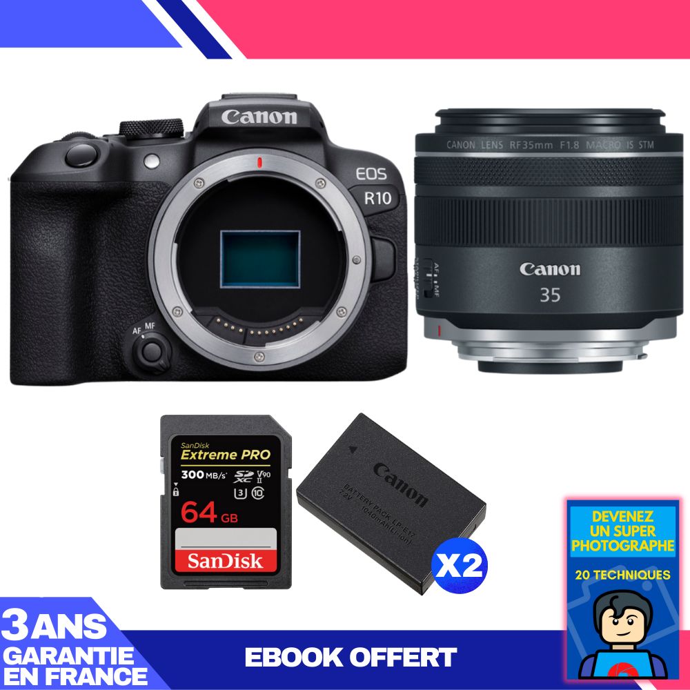 Canon EOS R10 Camera + RF 35mm F1.8 IS Macro STM Lens + 1 SanDisk 64GB Extreme PRO UHS-II SDXC Card + 2 Canon LP-E17 Batteries + Ebook 'Become a Super Photographer'