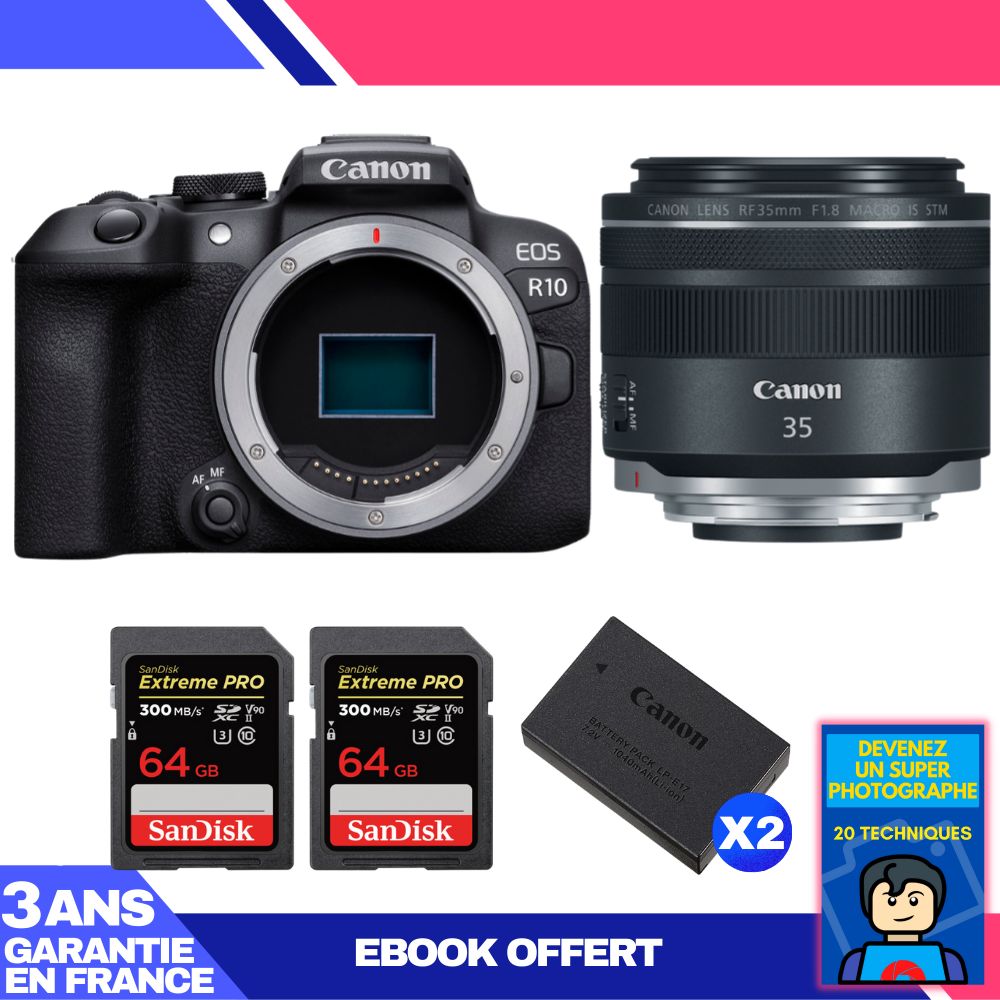 Appareil photo Canon EOS R10 + Objectif RF 35mm F1.8 IS Macro STM + 2 Cartes SD SanDisk 64Go Extreme PRO UHS-II 300 Mo/s + 2 Batteries Canon LP-E17 + Ebook : Devenez un Super Photographe